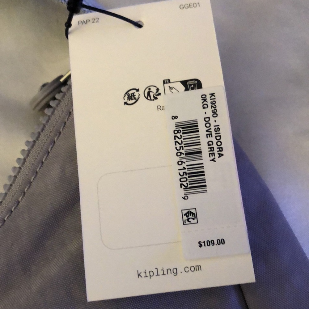 Kipling Isidora Nylon Shoulder Bag Dove Grey + Monkey Key Chain OS NWT - Picture 4 of 16